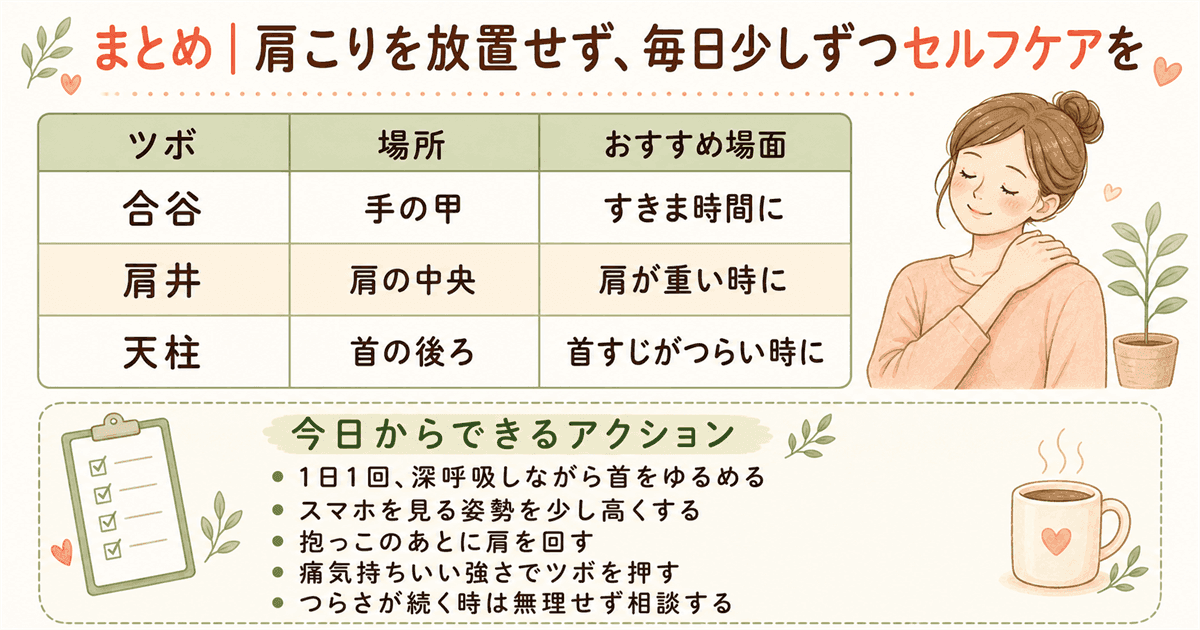 まとめ 肩こりを放置せず毎日少しずつセルフケアをの図解