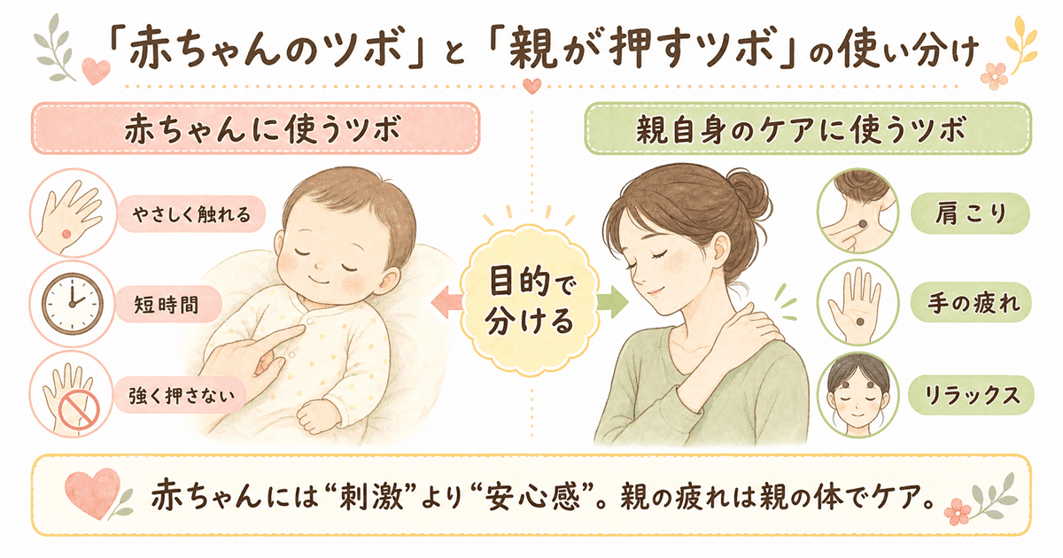 赤ちゃん自身のツボと親が押すツボの使い分けの図解