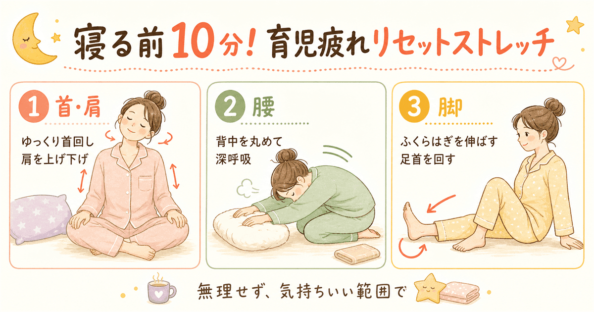 寝る前10分!育児疲れリセットストレッチの図解