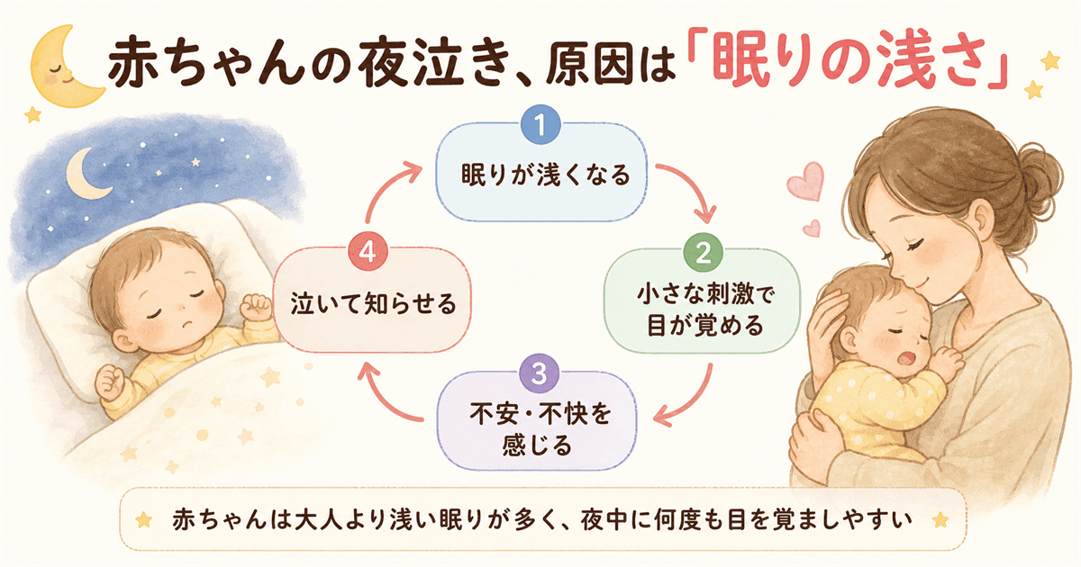 赤ちゃんの夜泣き、原因は「眠りの浅さ」の図解