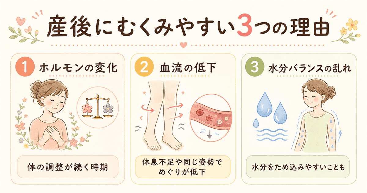 産後にむくみやすい3つの理由の図解