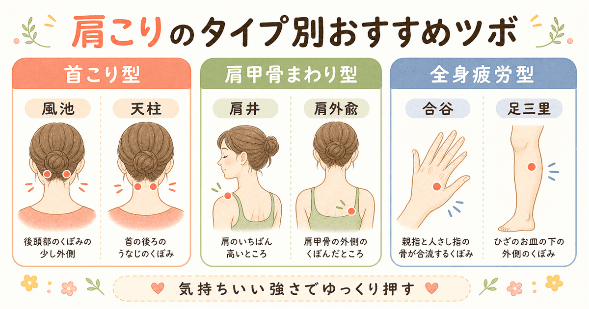 肩こりのタイプ別おすすめツボの図解