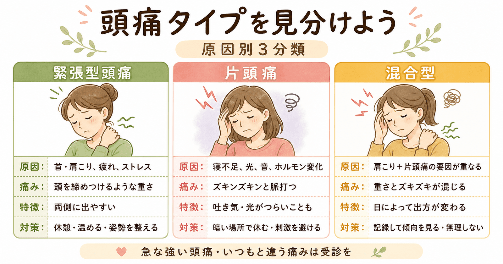 育児中の頭痛タイプを見分けよう――原因別3分類の図解