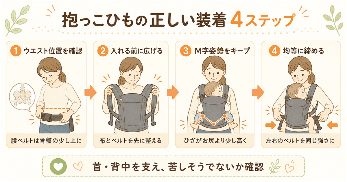 抱っこひもの正しい装着4ステップ:ウエスト・キス位置・肩ベルト・M字確認