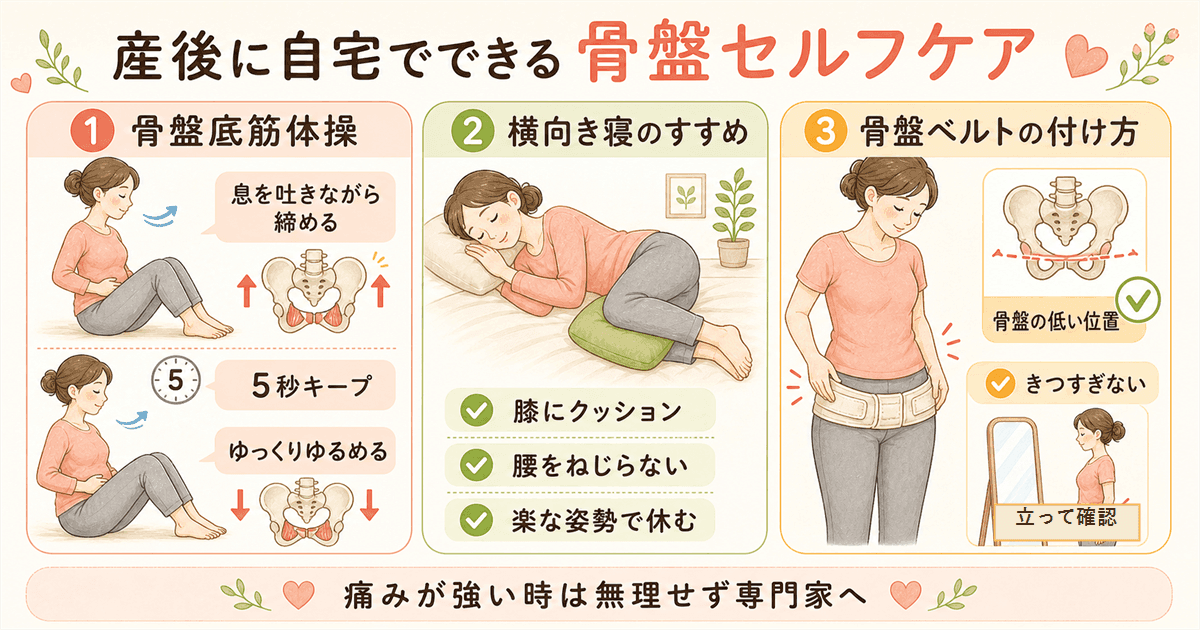 自宅でできる産後骨盤セルフケア:骨盤底筋体操・横向き寝・骨盤ベルト