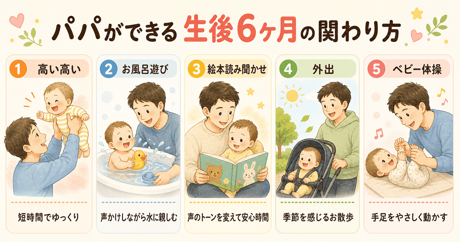 パパができる生後6ヶ月の関わり方：お風呂・絵本・外気浴