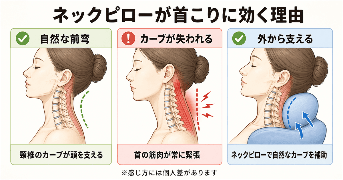 ネックピローが首こりに効く理由：頸椎の自然なカーブを支える