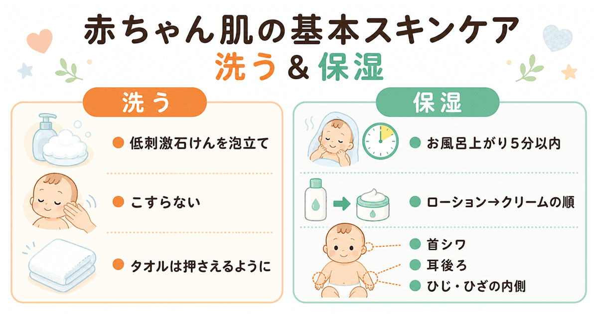 赤ちゃんの基本スキンケア手順:洗う・保湿するの2ステップ