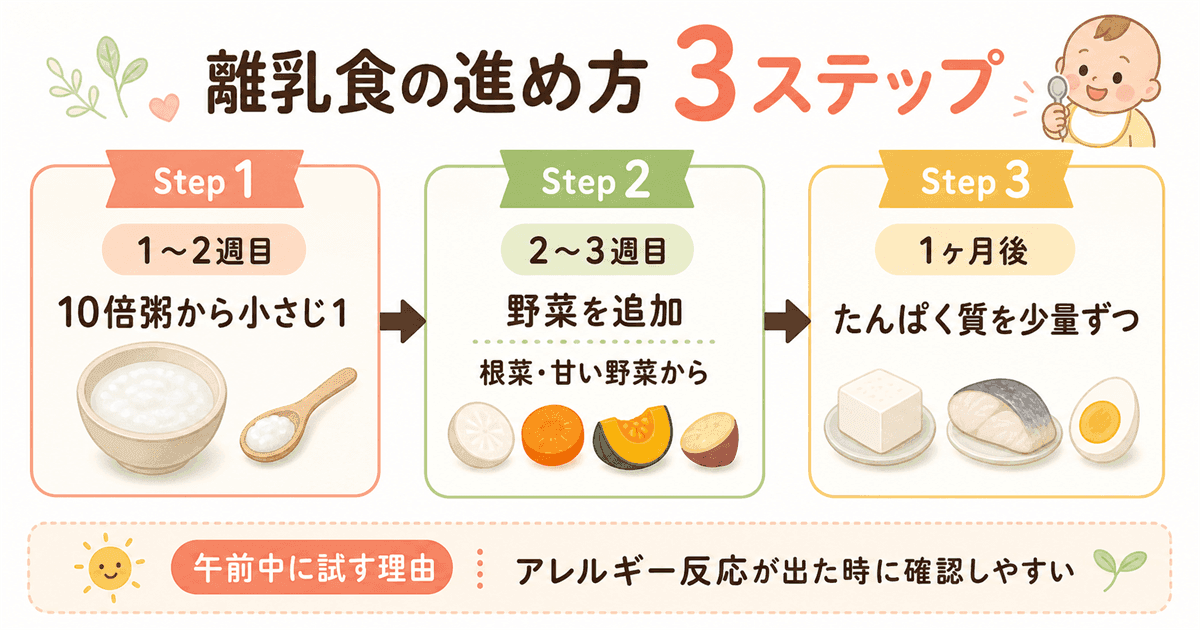 離乳食の進め方基本ステップ:10倍粥から野菜・たんぱく質へ