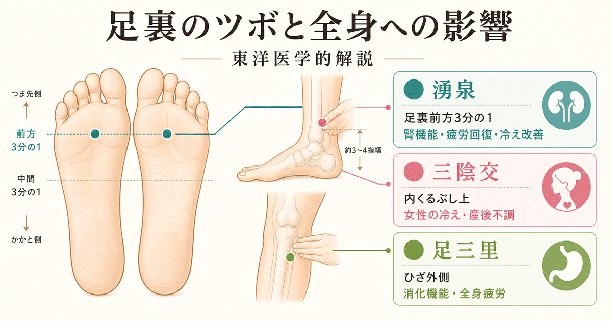 東洋医学的:足裏のツボと全身への影響(湧泉・三陰交・足三里)