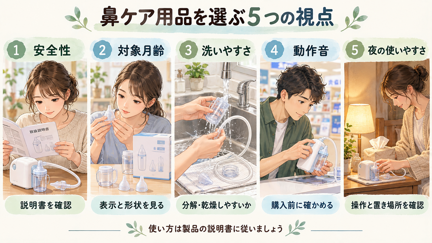 鼻ケア用品の説明書・対象月齢・洗いやすさ・動作音・夜の使いやすさを確認する様子
