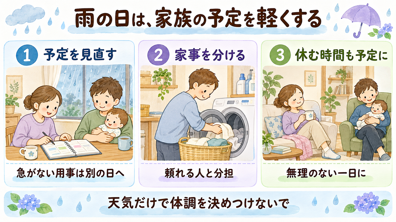 雨の日の予定を減らし、家事を分担して休む家族