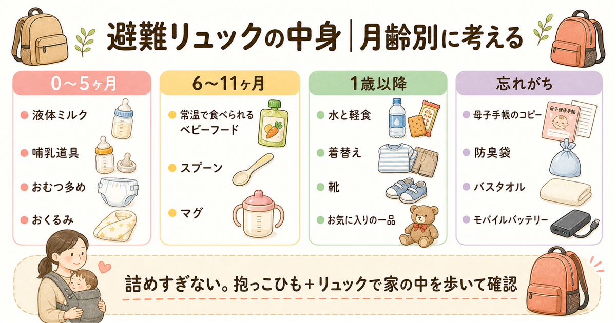 避難リュックの中身を月齢別に整理