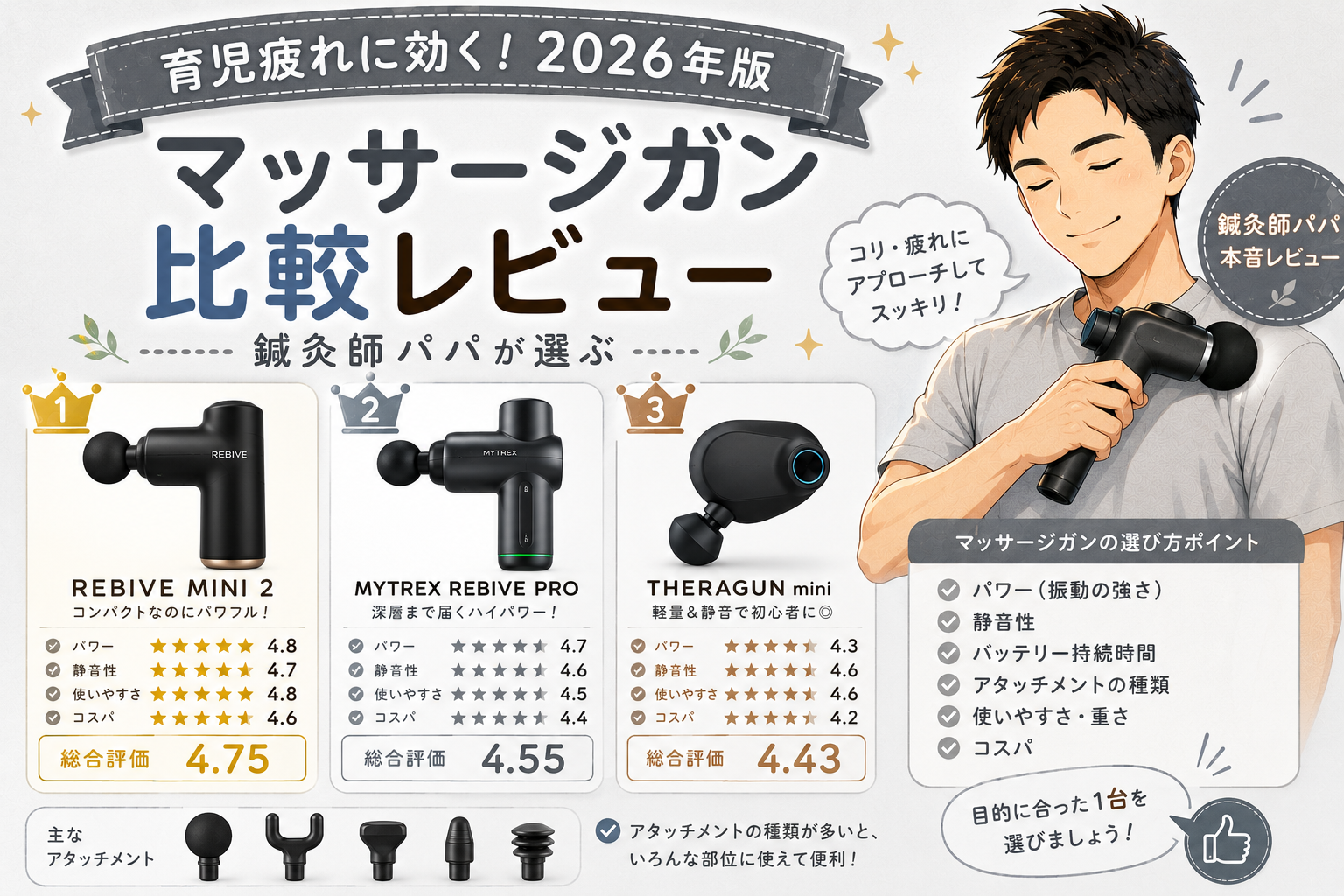 育児疲れに効く!鍼灸師パパが選ぶマッサージガン比較3選+α【2026年版】